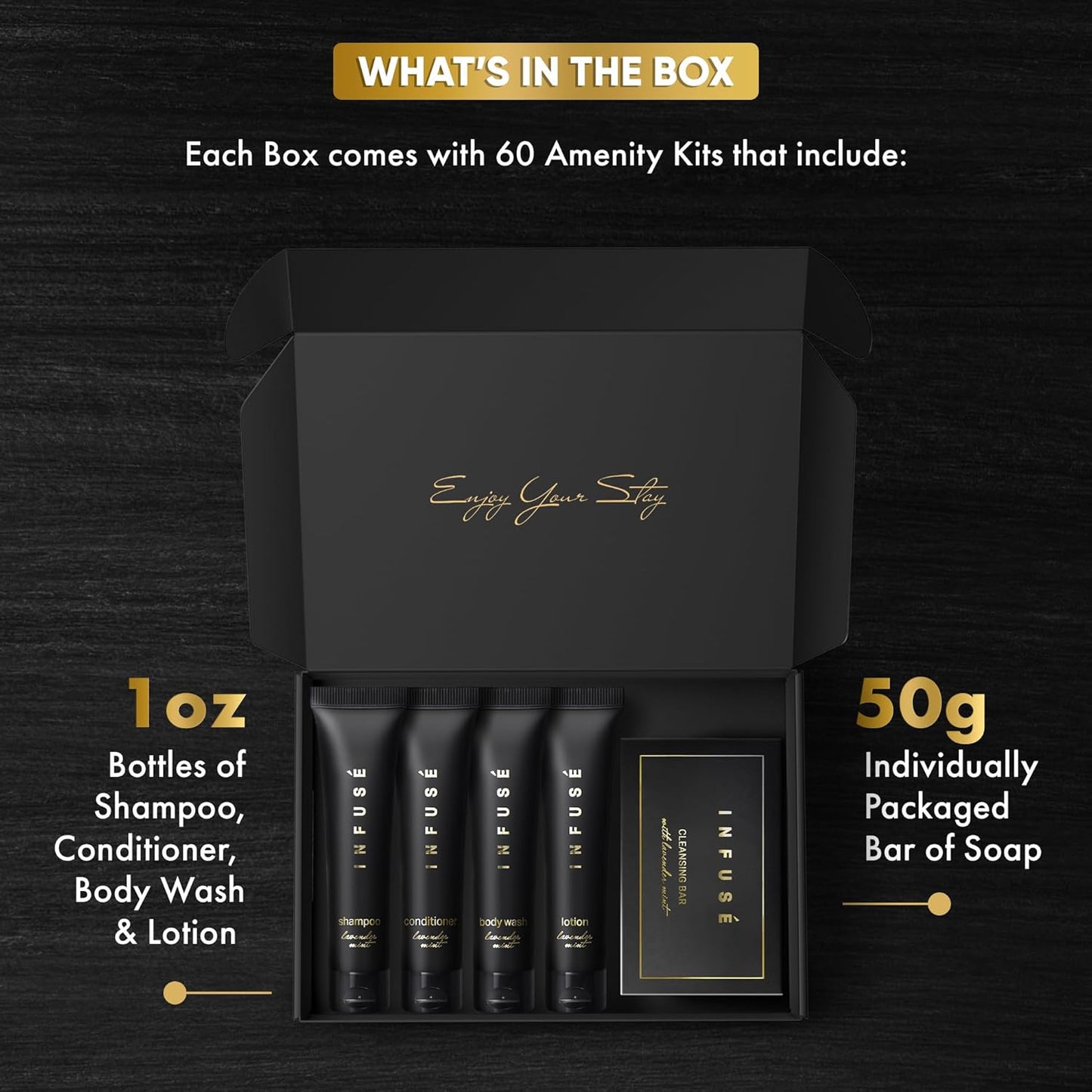 Infuse Black Amenity Kit | Boxed Hotel Toiletries | Bulk Set 1 oz Travel Size Shampoo, Conditioner, Lotion, Body Wash & Cleansing Bar for Guest Hospitality AirBnB/Vacation Rentals | 300 Pieces