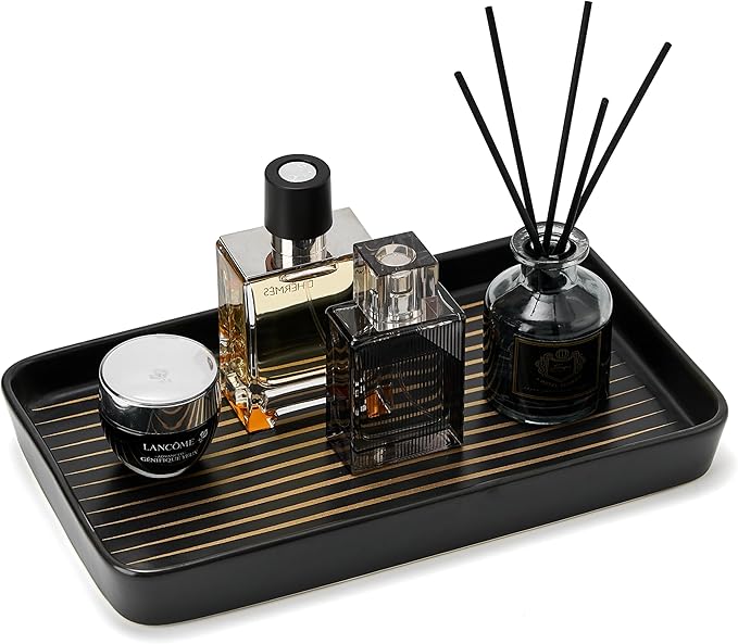 10"Ã6"Ã1" Black Bathroom Vanity Tray for Countertop- Ceramic Decorative Organizer Tray for Dresser Tops, Toilet, Perfume, Sponge Holder Soap Dish Dispenser for Kitchen Counter- Golden Stripes