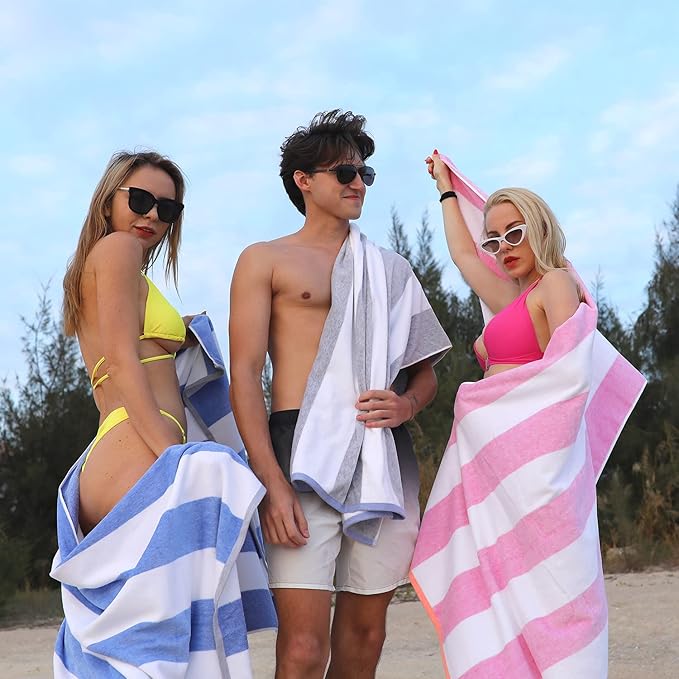 HENBAY Cotton Oversized Beach Towel - Large 70 x 35 Inch Pool Towel, Navy Blue Striped Quick Dry Swimming Cabana Towel