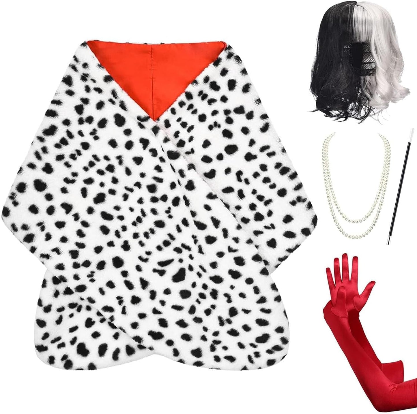 HMPRT Halloween Costume Women 2025- Dalmatian Shawl, Red Gloves, Necklace and Wig Cap Accessories for Adult (Short Wig)