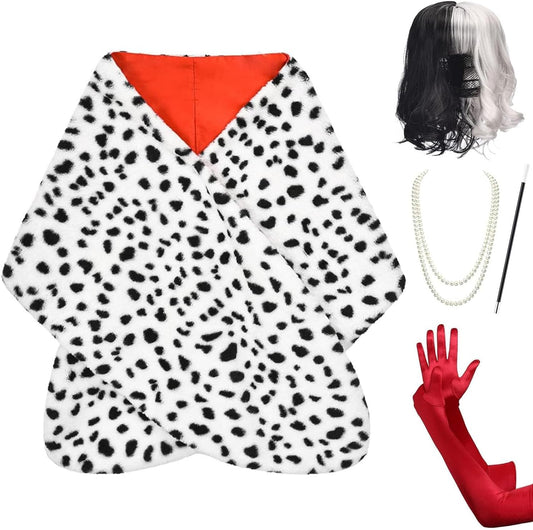 HMPRT Halloween Costume Women 2025- Dalmatian Shawl, Red Gloves, Necklace and Wig Cap Accessories for Adult (Short Wig)
