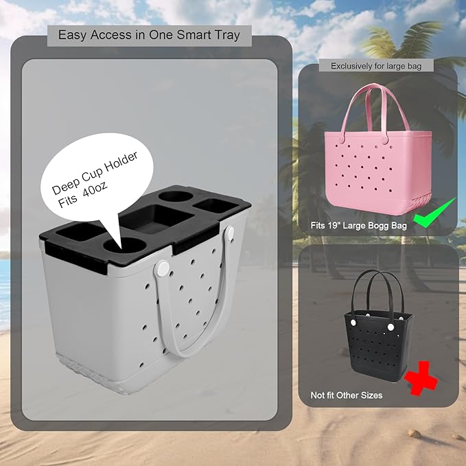 Tote Topper Tray Accessories for Bogg Bag Large - Waterproof EVA Table Top Organizer Lid with Cup Holder, Snack, Phone & Drink Holders for Beach, Pool, Picnic, Travel (Black)