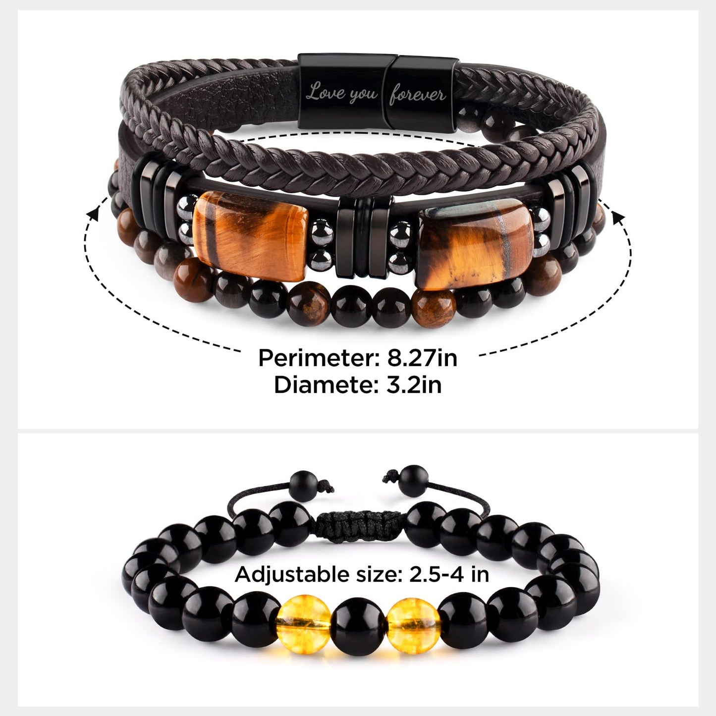 Leather Bracelets for Men Natural Tiger Eye Black Obsidian Healing Crystal Beaded Bracelets Set Birthday Christmas Commemorative Gifts for Dad Son Grandson Man Boyfriend Brother (Brown-To My Warriors)