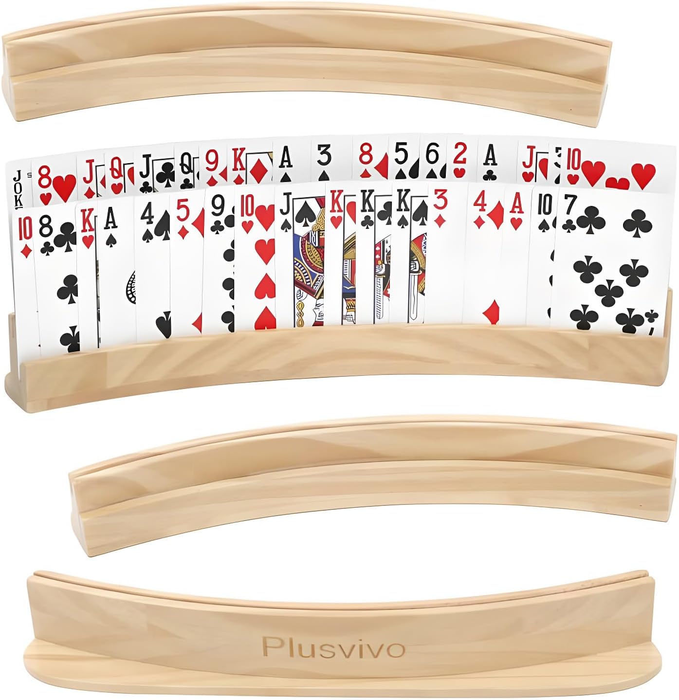 plusvivo Set of 4 Curved Playing Cards Holders for Seniors Adults - Soild Wood Cards Holders for Playing Cards 13 x 1.9 x 2.4 Inch for Bridge Canasta Strategy Foot and Hand