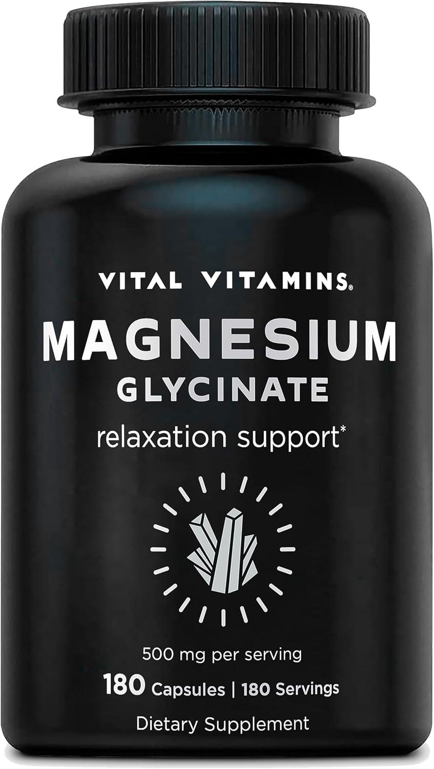 Vital Vitamins Magnesium Glycinate 500mg - High Absorption Formula - Promotes Relaxation, Calmness, & Restful Sleep - Pure Magnesium Supplement for Men & Women - 180 Capsules, Vegan, Non-GMO