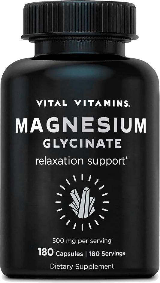 Vital Vitamins Magnesium Glycinate 500mg - High Absorption Formula - Promotes Relaxation, Calmness, & Restful Sleep - Pure Magnesium Supplement for Men & Women - 180 Capsules, Vegan, Non-GMO