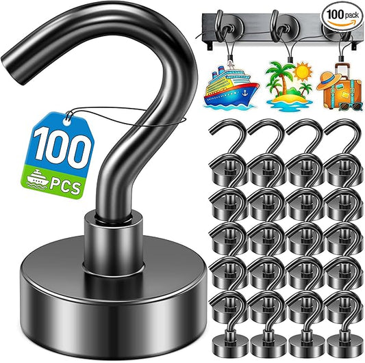 100 Pack Magnetic Hooks for 2026 Cruise Cabins Beach Vacation 30lbs+ Heavy Duty Magnet with Hook Metal Magnetic Hooks for Kitchen Fridge Grills Hanging Magnet Hooks for Classroom Locker Whiteboard