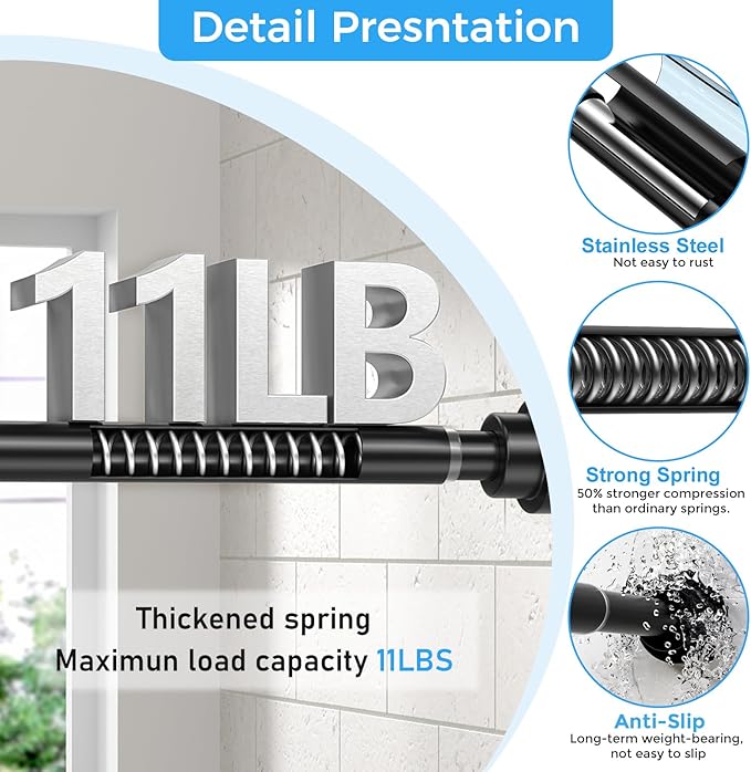 Shower Curtain Rod 31-63 Inch,0.87"Diameter Adjustable Spring Tension Curtain Rods No Drill,Matte Black Shower Tension Rod for Bathroom,Room Divider,Window,Anti-Rust Non-Slip 2-Pack