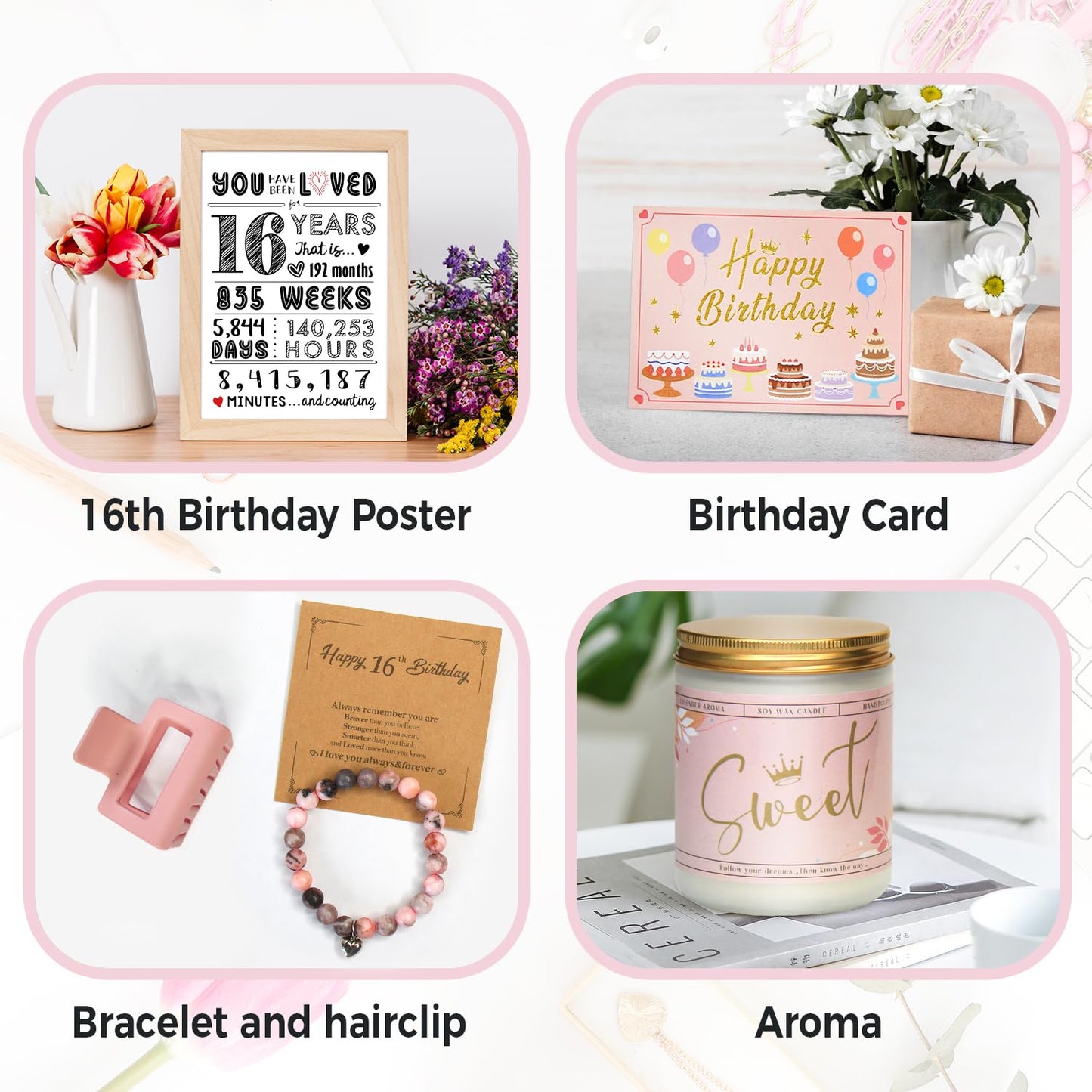 Sweet 16 Gifts for Girls - 16 Year Old Girl Gifts - Happy 16th Birthday Party Decorations for Girls Pink - 11 Pieces Unique Sweet Sixteen Gift for Teen Girl, Daughter, Niece, Granddaughter