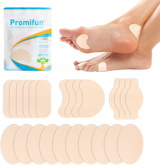 Promifun Moleskin Strips with Adhesive Blister Prevention Pads Mole Skin Tape Stickers for Feet Heel Shoes Padding-24 Sheets of 4 Shapes，Beige