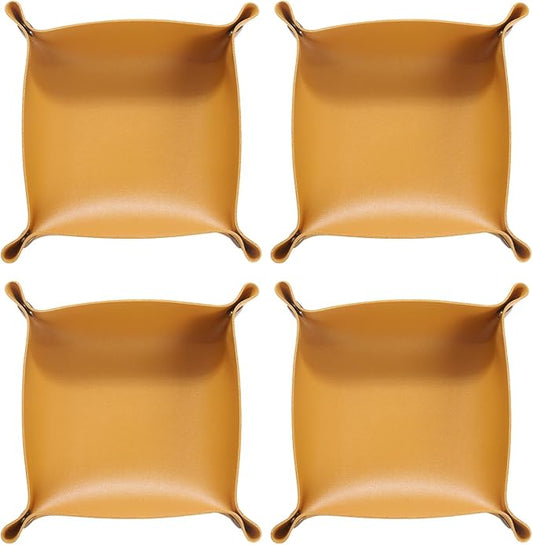 HARFINGTON 4pcs PU Leather Valet Tray Unisex Folding Small Catchall Tray Portable Entryway Table Tray Nightstand Bedside Desk Tray for Key Wallet Watch Coin Jewelry Dice, Yellow