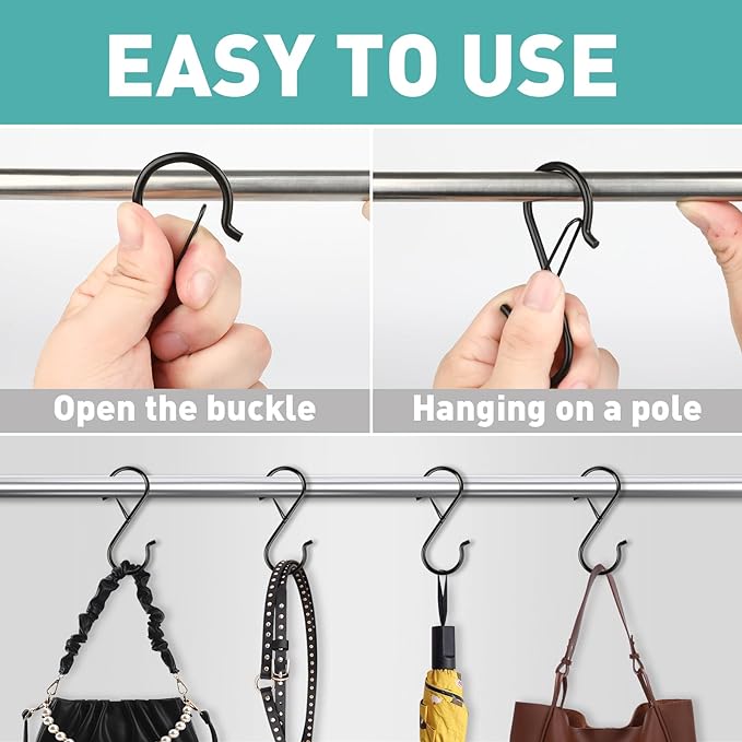 12 Pcs S Hooks for Hanging Heavy Duty, 3.5-inch Heavy Duty Metal S Hook with Safety Buckle, Suitable for 0.5 inch Rods, S Hook for Hanging Plants, Closet, Kitchen Utensil, Pot, Pan, Bags