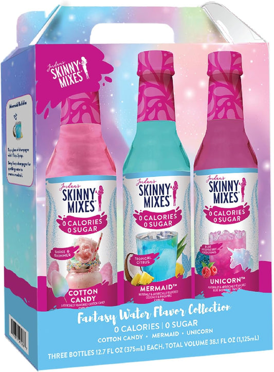 Jordan's Skinny Mixes Sugar Free Syrup Trio Sampler Pack – Mermaid, Unicorn & Cotton Candy, As Seen on Watertok, Drink Mix for Iced Tea, Lemonade & More, Zero Calorie, 12.6 Fl Oz Each (pack of 3)