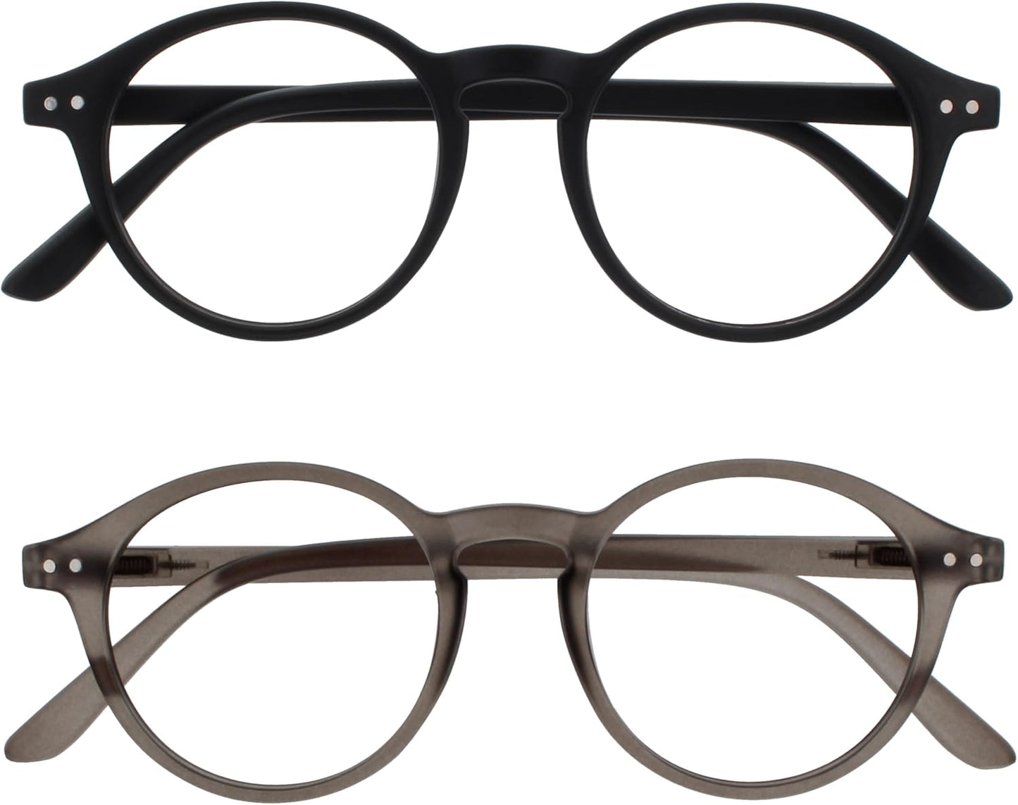 OPULIZE REY Reading Glasses for Women Men, Retro Round Frame with Spring Hinges, Matte Black, Grey +1.00 (Pack of 2)