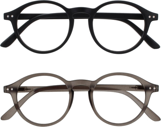 OPULIZE REY Reading Glasses for Women Men, Retro Round Frame with Spring Hinges, Matte Black, Grey +1.00 (Pack of 2)
