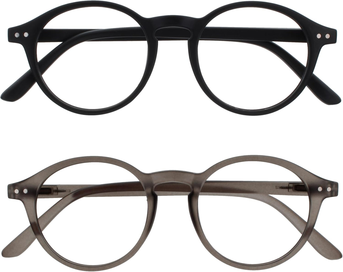 OPULIZE REY Reading Glasses for Women Men, Retro Round Frame with Spring Hinges, Matte Black, Grey +3.00 (Pack of 2)