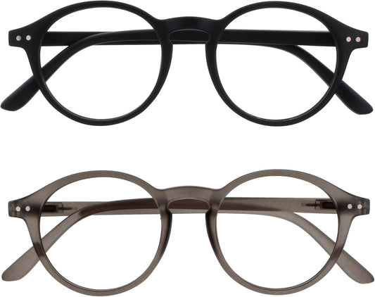 OPULIZE REY Reading Glasses for Women Men, Retro Round Frame with Spring Hinges, Matte Black, Grey +3.00 (Pack of 2)
