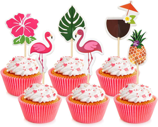 Hawaiian Cupcake Toppers, 48Pcs Flamingo Pineapple Tropical Palm Leaves Cake Picks for Hawaii Luau Summer Beach Theme Party Decoration