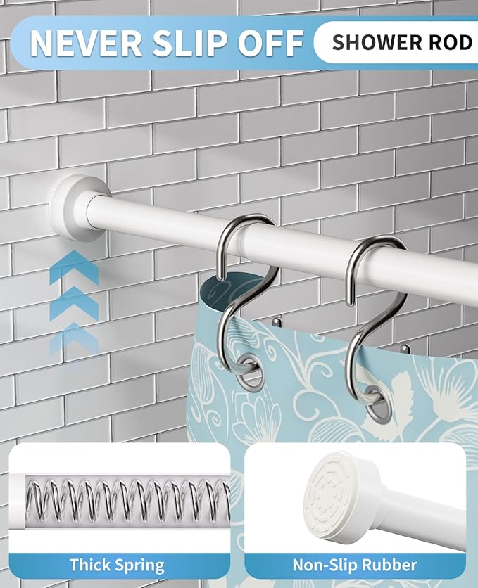 White Shower Curtain Rod 34-96 Inches(2.8-8ft) Adjustable Shower Rod No Drilling Non-slip Never Rust Shower Tension Rod for Bathroom Bedroom Windows Outdoor Garden
