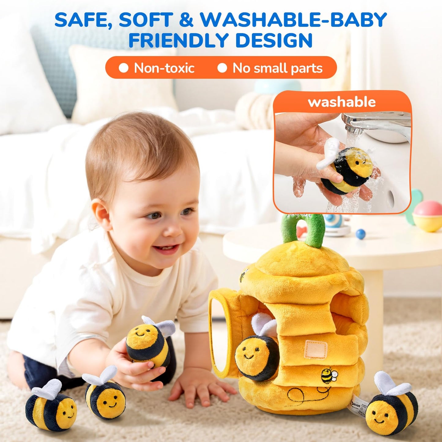 JoyCat Baby Toys 6-12 Months - Soft Baby Beehive with 5 Sensory Bees - Rattle, Crinkle Paper, Squeaker, Mirror, Busy Montessori Soft Toys for Toddlers 0-3 Years Old - Bee Plush Boy Girl Birthday Gift