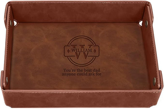 Engraved Fatherâs Day Leather Valet Tray â Personalized Light Coffee Catchall with Custom Name â Menâs Desk Organizer for Keys, Wallet, Watches, and Jewelry â Unique Gift from Daughter or Son