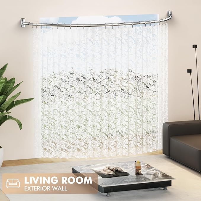 Bonpally Curved Shower Curtain Rod for Bathroom, 40-72 Inches Adjustable Curved Shower Rod, 0.9MM Rustproof Shower Curtain Rod with Rotating Brackets for Extra Shower Space, Need to Drill, Chrome