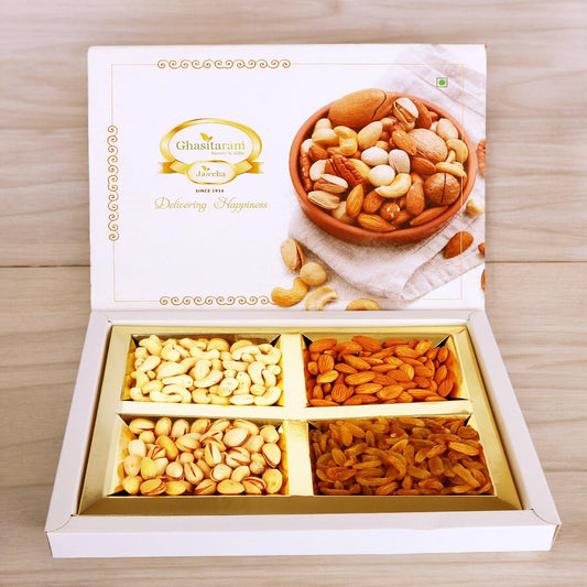 Ghasitaram Gifts Rakhi Gifts for Brother Rakhi Dryfruits - Ghasitaram's Golden Dryfruit Box 400 gms with Rudraksh Rakhi