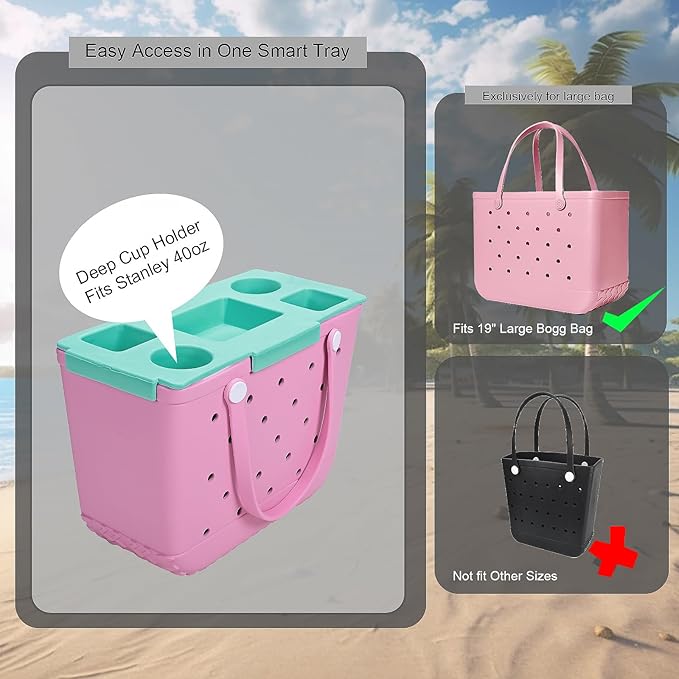 Topper Tray for Bogg Bag Large – Waterproof EVA Table Top Organizer Lid with Cup Holder, Snack, Phone & Drink Holders for Beach, Pool, Picnic, Travel (Green)