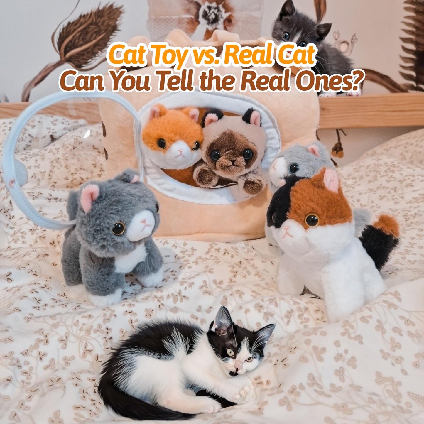 OUOZZZ Cat Stuffed Animal House – Plush Kitten Toy Set with 5 Soft Cats – Interactive & Travel-Friendly Kitties Carrier Playset for Toddlers & Kids – Huggable, Portable Birthday Gift for Baby Girls