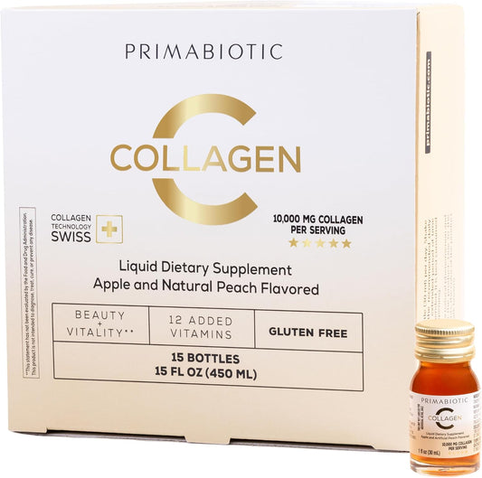 PRIMABIOTIC Liquid Collagen - Hydrolyzed Collagen 10,000 mg per Serving with 12 Vitamins - Gluten Free - Peach Flavor - Pack of 15 x 1 fl oz (30 mL) Bottles