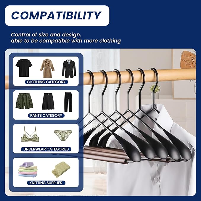 Jiang&Rong 12 Pack Wide Shoulder Metal Hangers - Heavy-Duty Retro Wooden Pants Bar Suit Hangers for Closet, Dresses, Pants, Sweaters, Jackets