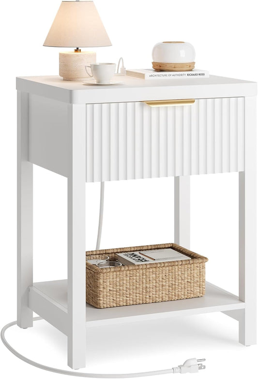 Lulive Modern White Night Stand, Fluted Nightstand with Charging Station, Wood Modern Bedside End Table with Storage Drawer for Bedroom, Save Space (Set of 1, White)