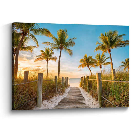 Color Play Beach Coastal Wall Art Canvas: Ocean Seascape Scene Picture Seaside Boardwalk Artwork Print Tropical Sea Palm Tree Theme Painting Decor for Living Room Bedroom