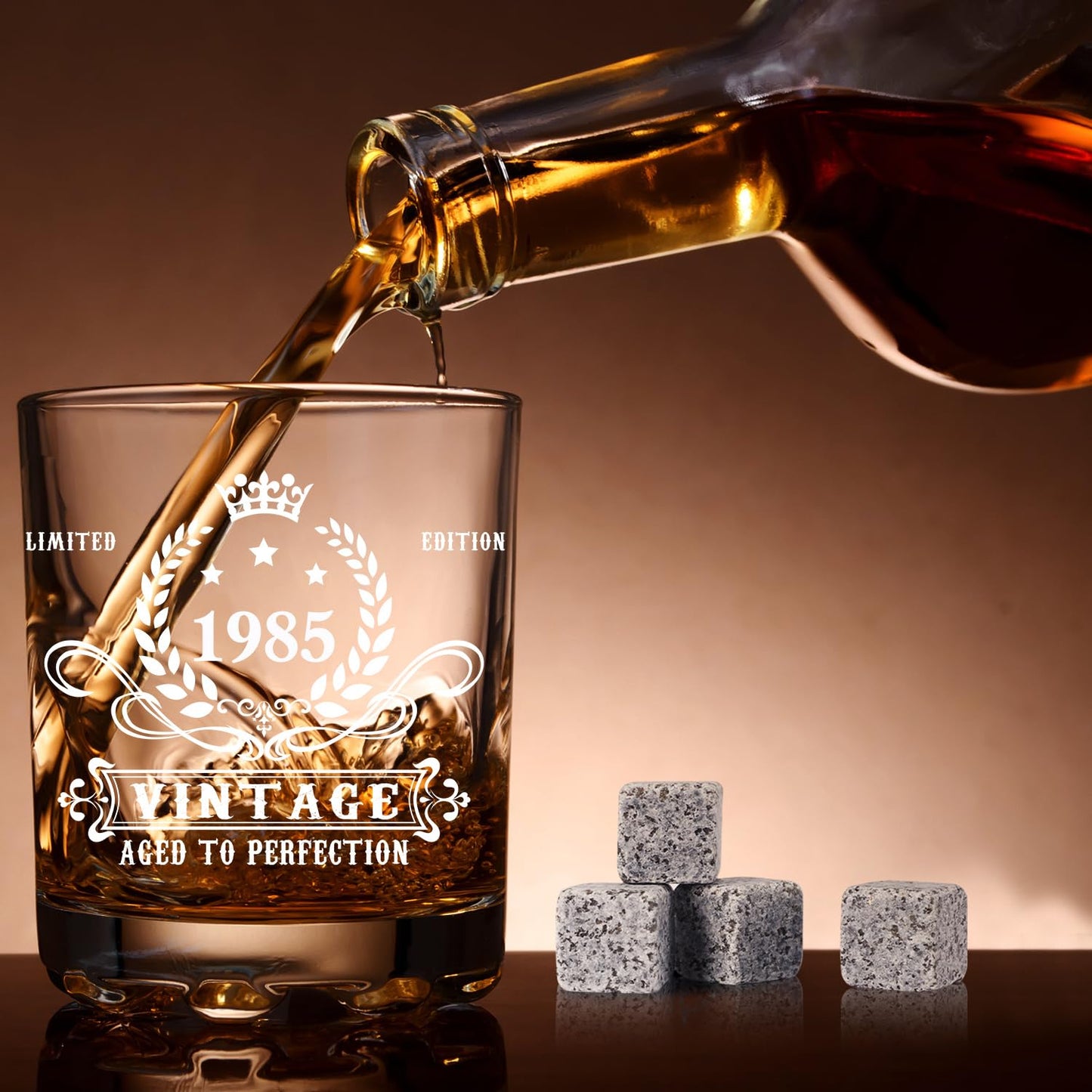 YeohJoy 40th Birthday Gifts for Men,Vintage 1985 Whiskey Glass Set,Wood Box & Whiskey Stones & 1985 Poster Anniversary Card & Coaster,Birthday Gifts Ideas for Him,Husband,Dad