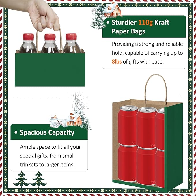 BagDream Forest Green Gift Bags with Handles Bulk 8x4.25x10.5 Inch 100Pcs Medium Kraft Paper Bags for Christmas, Thanksgiving, Craft, Party Favors, Retail, Grocery, Recyclable Paper Sacks