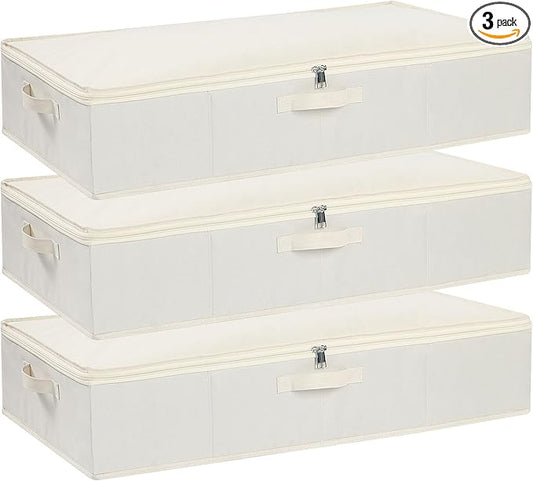 Underbed Storage Organizers, Container Bags with Lids, Storage Boxes With Sturdy Structure and Reinforced Handles, Beige, 3 Pack, 31.5 x 15.7 x 5.9 Inch