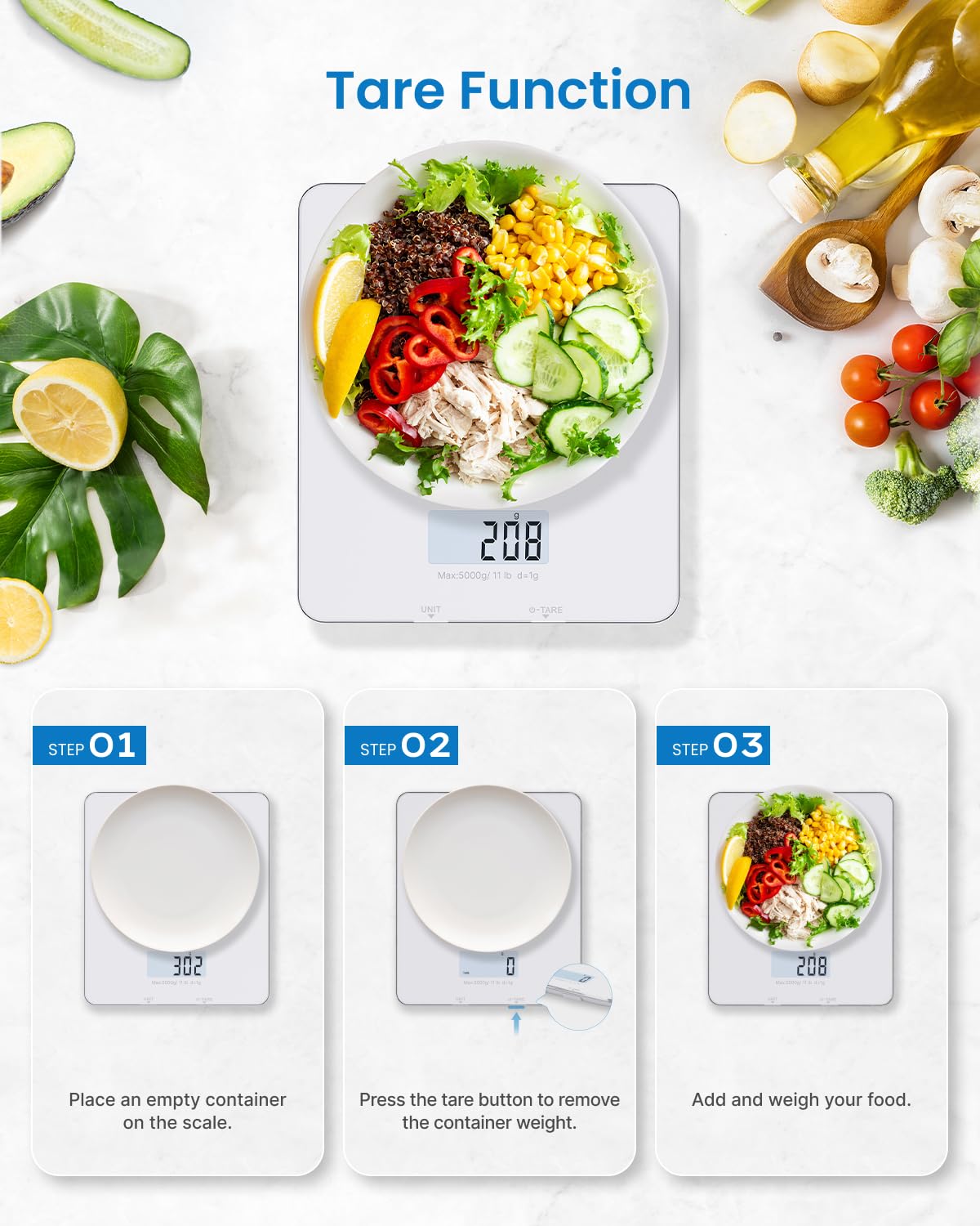 RENPHO Food Scale with Nutritional Calculator, Digital Kitchen Scale for Weight Loss, Smart Food Weight Scale with App for Macro Keto Calorie Cooking, Grams and Ounces, White, 11lb/5kg