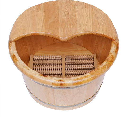 12in Wooden Foot Bath Bucket with Lid&Massage Beads, Solid Wood Foot Soaking Tub Basin Pedicure Barrel for Spa, Massage, Sauna