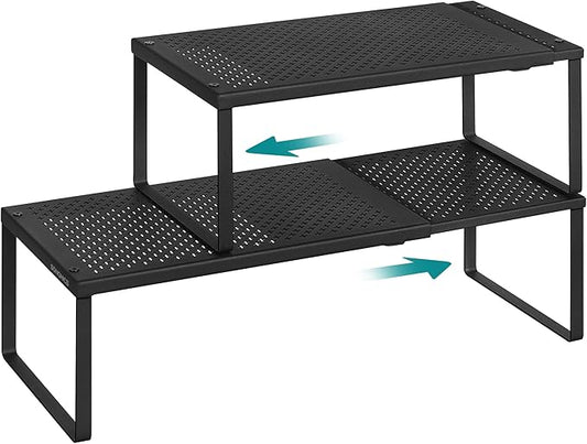SONGMICS Spice Racks, Set of 2 Expandable Kitchen Countertop Shelves, Small Cupboard Organizers, Metal, Space-Saving Tabletop Shelves, Matte Black UKCS402B01