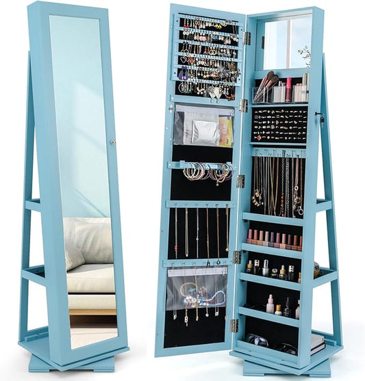 CHARMAID 360Â° Swivel Jewelry Armoire with Full Length Mirror, Standing Lockable Jewelry Cabinet Organizer, Large Storage Capacity, Inside Makeup Mirror, Back Storage Shelves (Sky Blue)