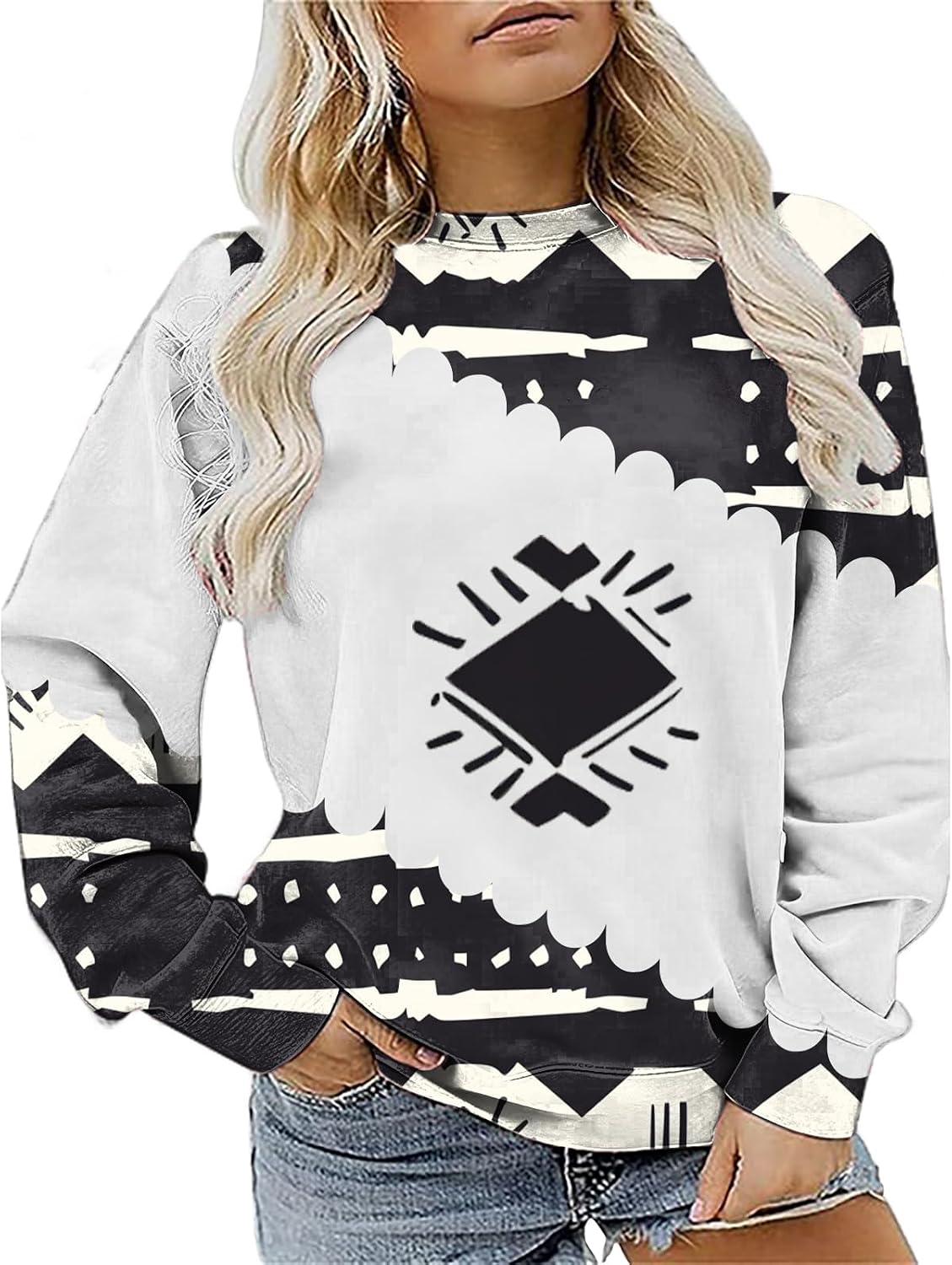 MARSVOVO Western Shirt For Women Fashion Long Sleeves Aztec Cowgirl Sweatshirt Crew Neck Casual Work Tops For Women