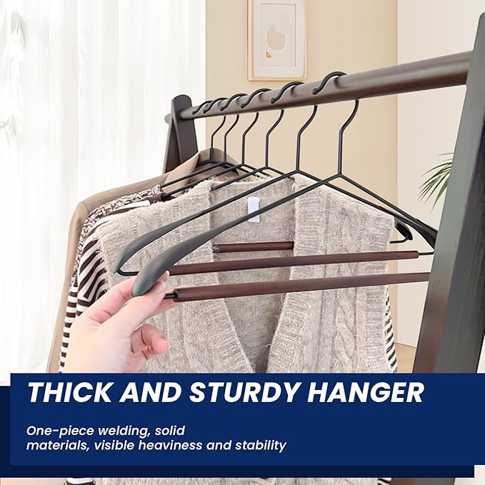 Jiang&Rong 12 Pack Wide Shoulder Metal Hangers - Heavy-Duty Retro Wooden Pants Bar Suit Hangers for Closet, Dresses, Pants, Sweaters, Jackets