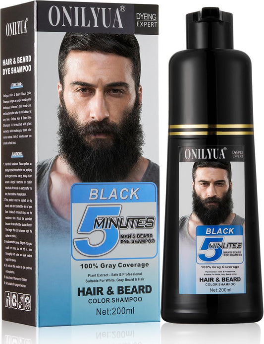 Mens Beard Dye for Men, 5 Minutes Black Beard Dye Shampoo 3 in 1, Mustache & Beard Color for Mens Gray Hair Coverage, Long Lasting & Easy Use, Root Touch Up Simpler Hair Color For Men, 200ML