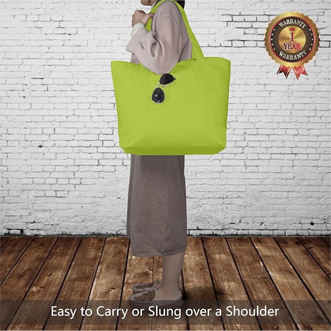 TOPDesign 6-Pack Canvas Tote Bags with an External Pocket, Reusable Grocery Shopping Bags, Top Zipper Closure, Daily Essentials (Light Green)