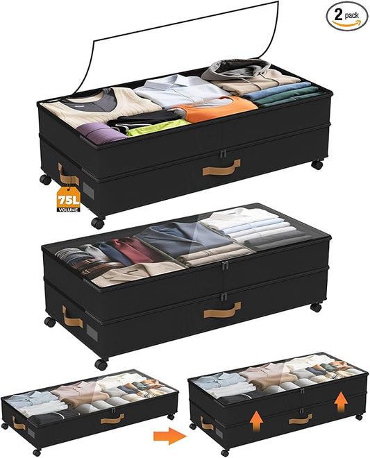 Under Bed Storage with Wheels 2-Pack, 75L XXL Under the Bed Storage Containers Large, 12" Tall Adjustable Storage for Underbed with Lids, Rolling for Shoes, Clothes, Blankets (Black)