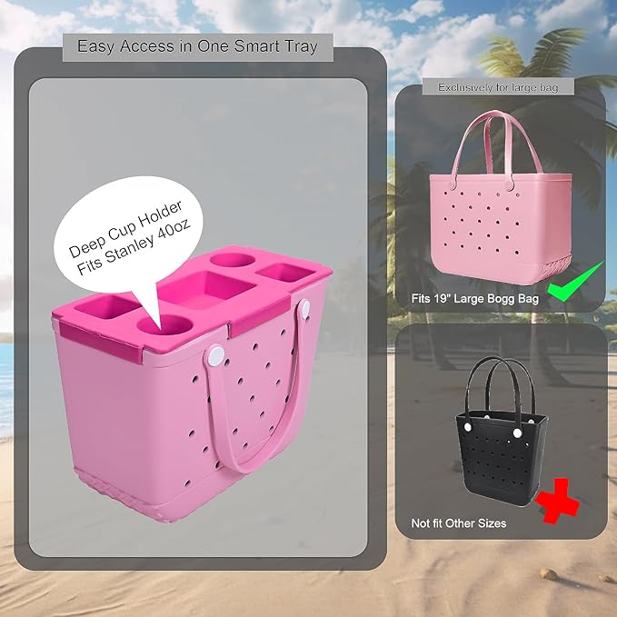 Tote Topper Tray Accessories for Bogg Bag Large Only – Waterproof EVA Table Top Organizer Lid with Cup Holder, Snack, Phone & Drink Holders for Beach, Pool, Picnic, Travel (Pink)