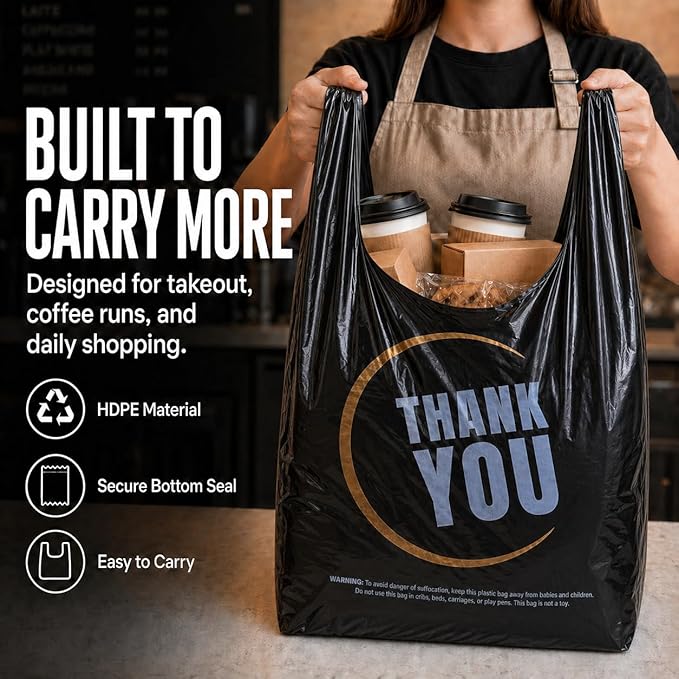 YoYoRain Black Thank you T shirt bag, Grocery shopping bag Reusable and Disposable Supermarket Bag 11''x6''x21'' 300PCS