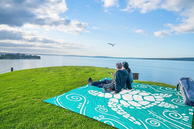 WEKAPO Beach Blanket Waterproof Sandproof Oversized Extra Large Sand Free Beach Mat with Stakes, Storage Bag - Essentials for Outdoor Beach, Picnic (Gradient Teal Sea Turtle, 8 X 7 FT (1~4 Person))