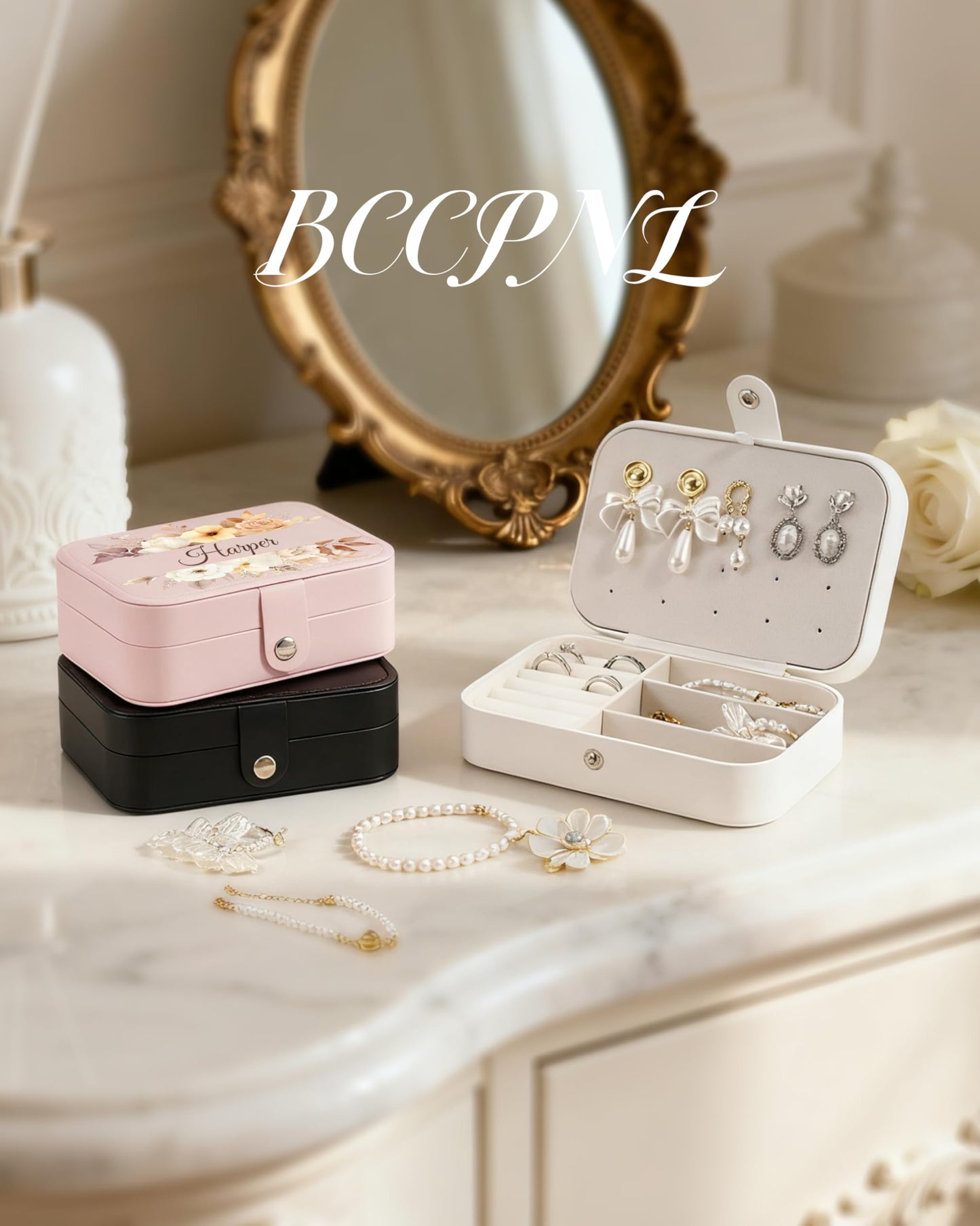 Personalized Jewelry Travel Case - Custom Name & 12 Unique Floral Designs Jewelry Organizer for Women, Ideal Personalized Gifts for Festivals, Bridesmaids, Girls - Compact Travel Jewelry Box. (black)