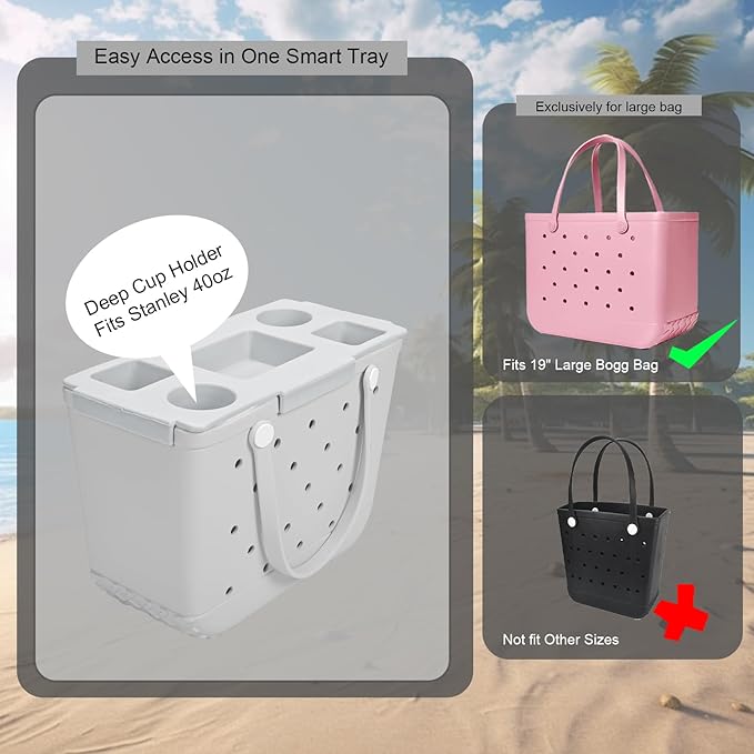Tote Topper Tray Accessories for Bogg Bag Large Only – Waterproof EVA Table Top Organizer Lid with Cup Holder, Snack, Phone & Drink Holders for Beach, Pool, Picnic, Travel (Gray)